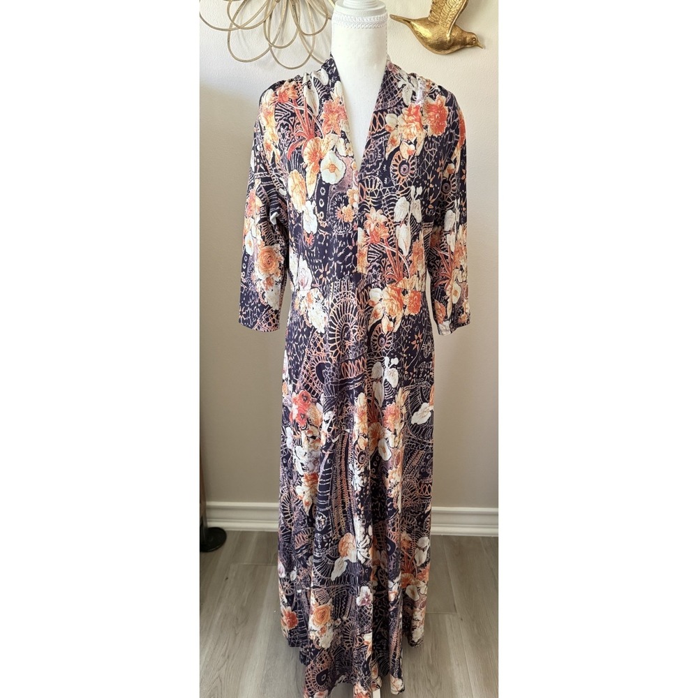 Soft Surroundings Naima‎ Floral Maxi Dress Mock Neck 3/4 Sleeve Size M
